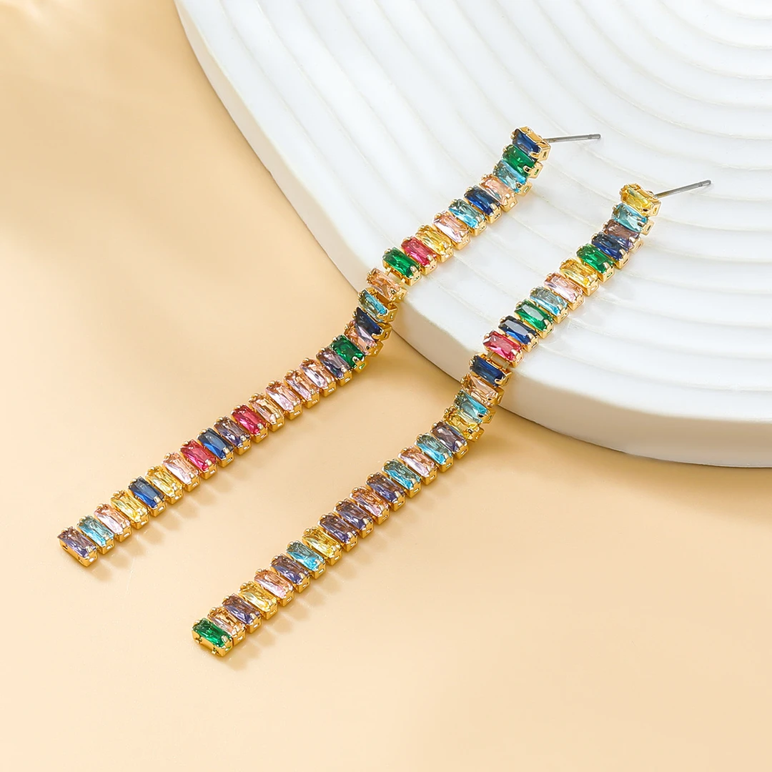 铜合金锆石耳饰 LK047 法式镶嵌彩色流苏耳环高级感时尚长款耳针
