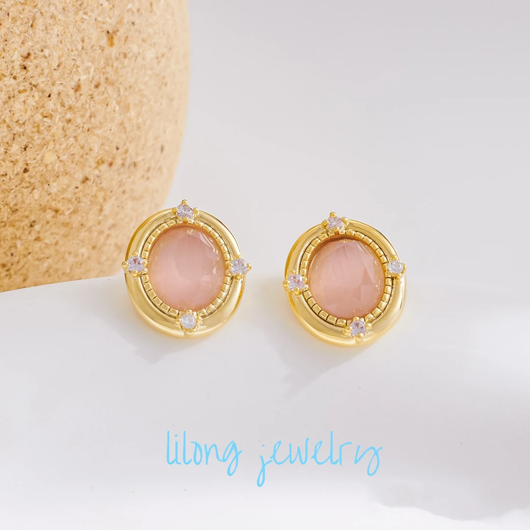 铜合金耳饰 LK110【粉色魔镜】爆款轻奢锆石耳钉S925银针简约甜美
