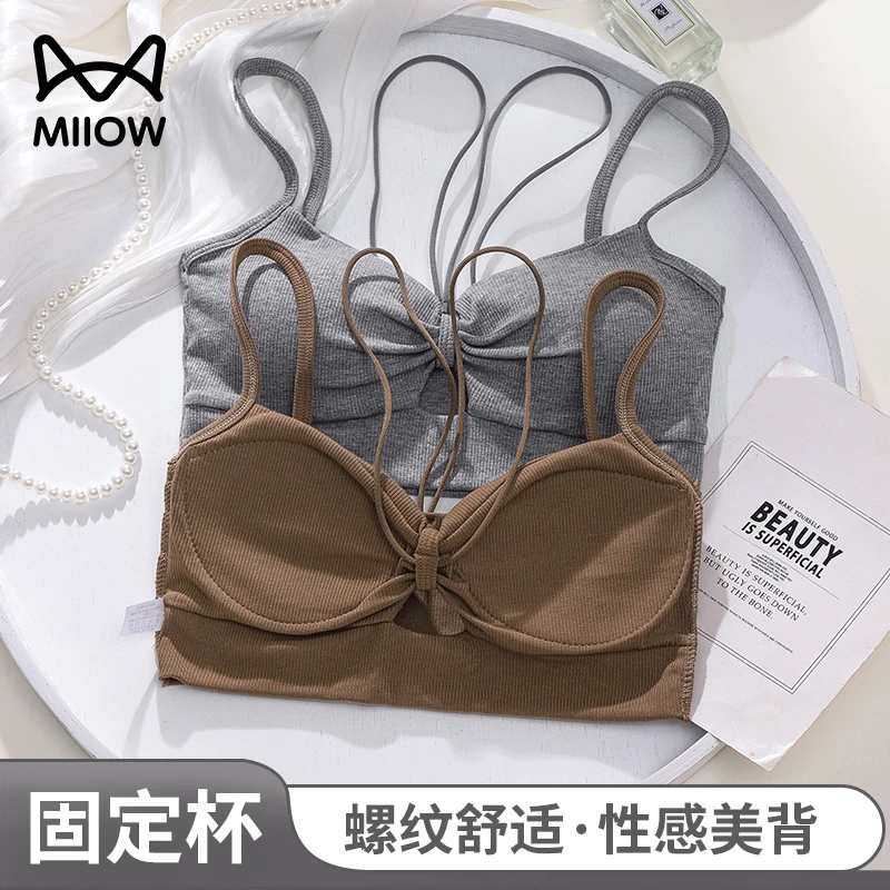 猫人新款纯色带胸垫吊带背心女薄款镂空短款辣妹上衣性感美背文胸