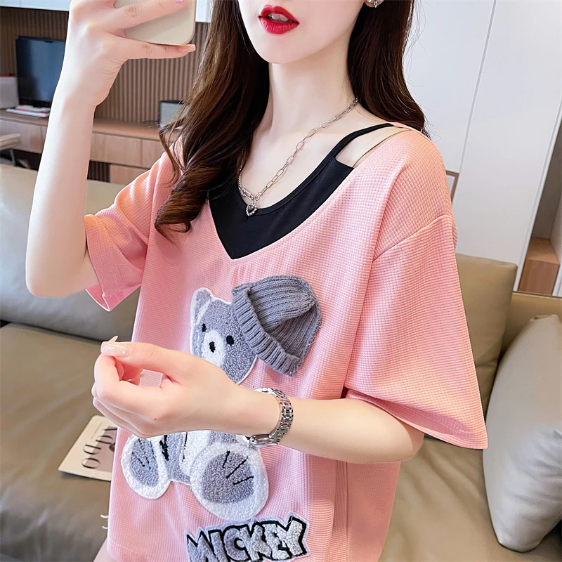 短袖t恤女假两件宽松夏季新款休闲显瘦减龄百搭洋气外穿上衣潮ins