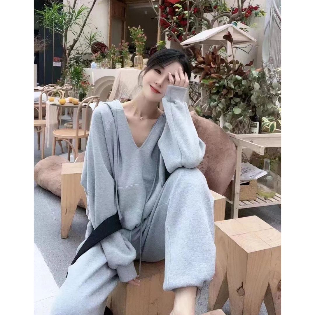 春秋季新款连帽欧货洋气宽松休闲卫衣套装女两件套