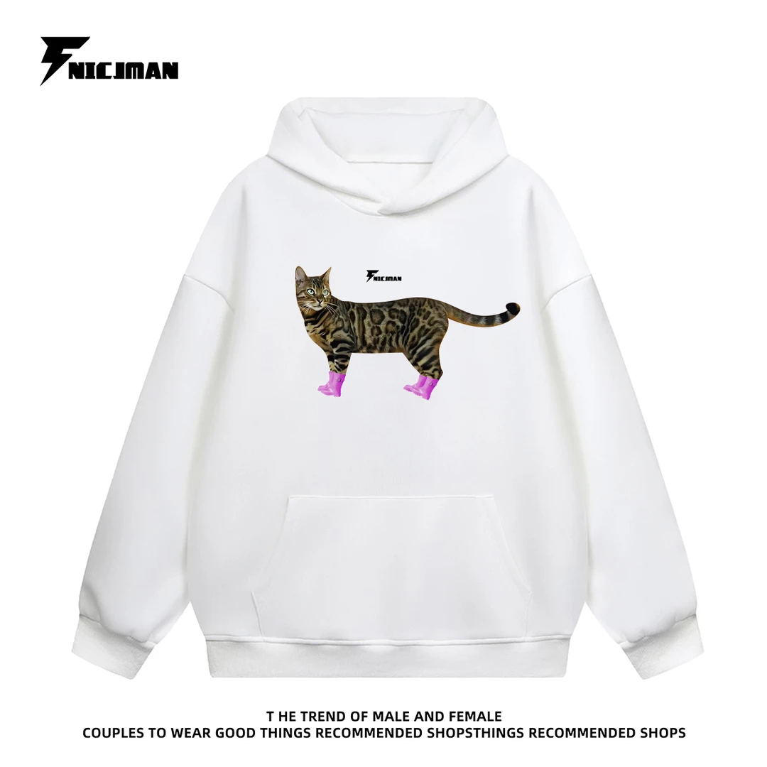 FNI白墨数码直喷红鞋豹纹猫重磅连帽卫衣女秋冬休闲宽松百搭情侣