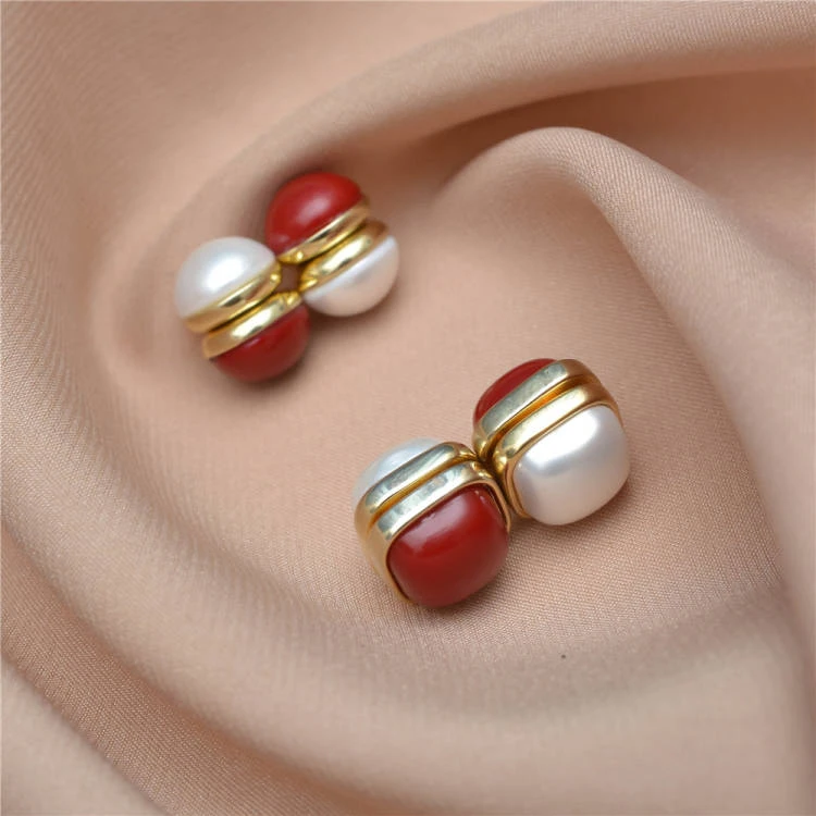 合金仿珍珠耳饰 无耳洞磁吸耳夹法式时尚双面红色圆形轻奢耳钉