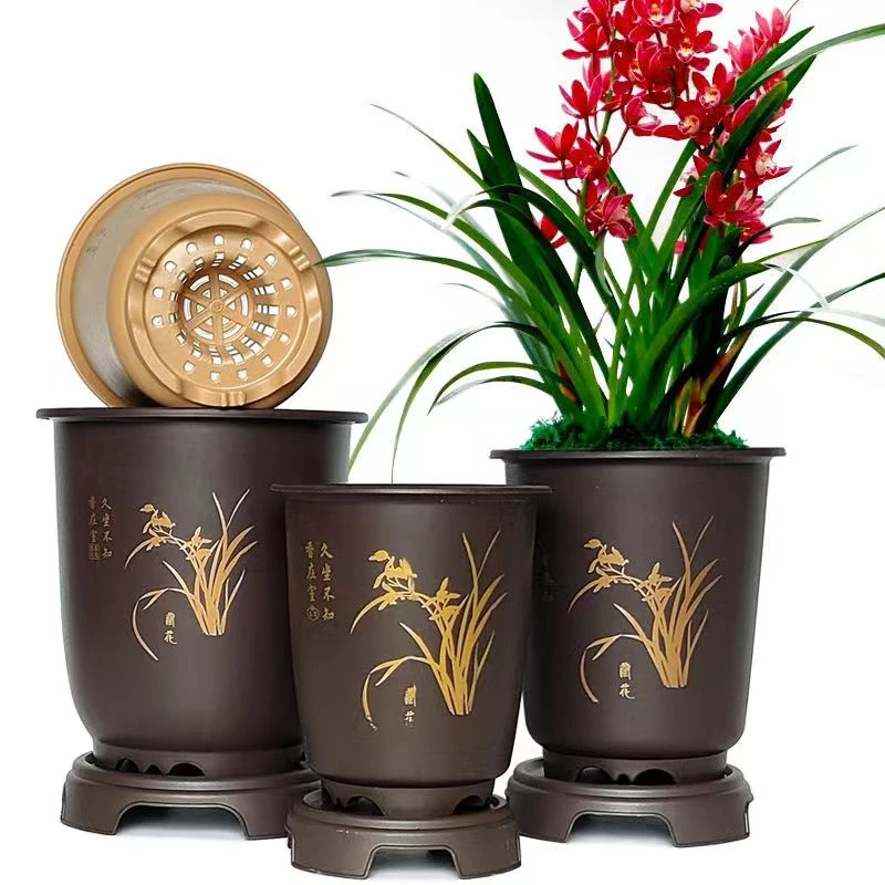 PP塑料宽口兰花盆仿紫砂绿植通用棕色大号尺寸矮款耐磨加宽