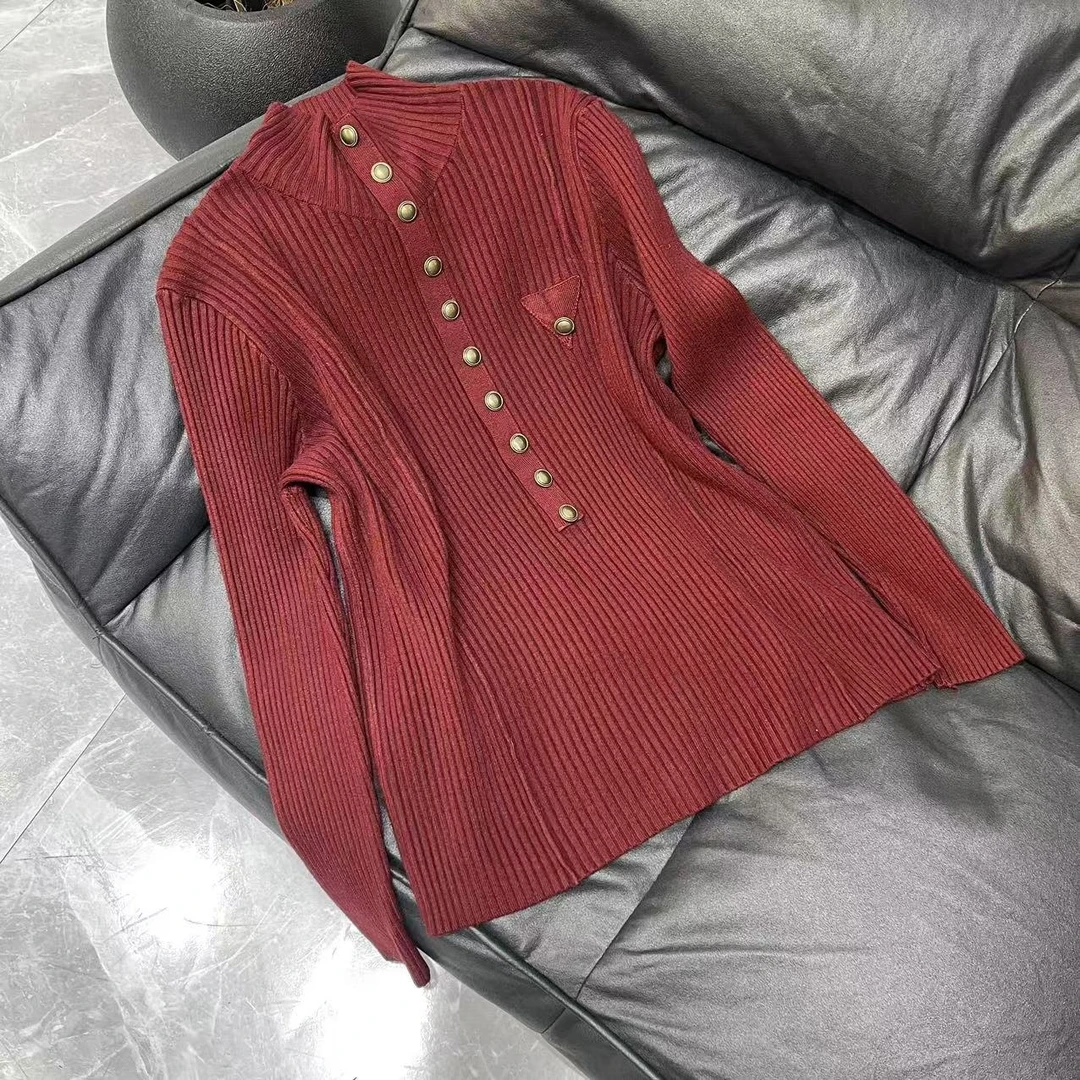 【晨浠定制】新款时尚百搭高领坑条多扣针织上衣两色1668