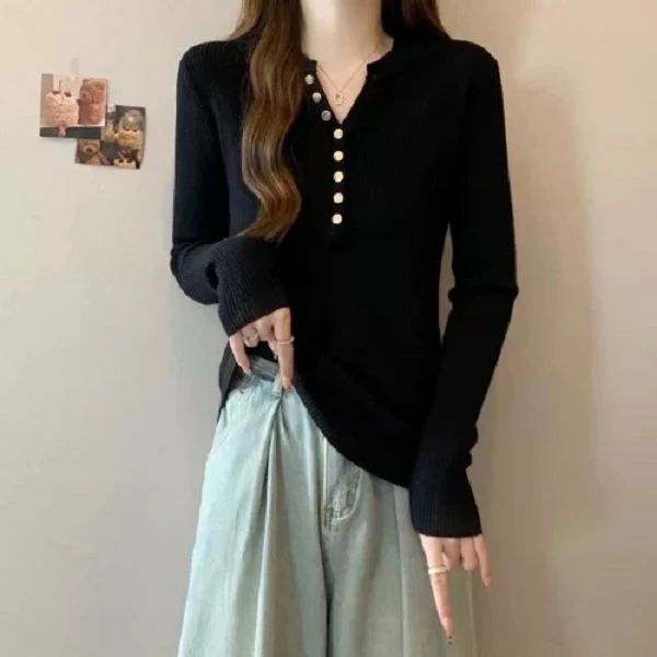 【晨浠定制】新款时尚百搭多扣针织上衣两色1598