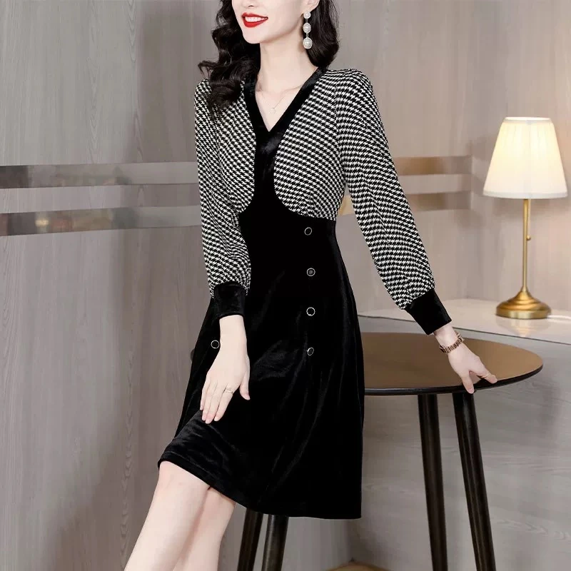 【晨浠定制】新款时尚气质千鸟格拼丝绒连衣裙110