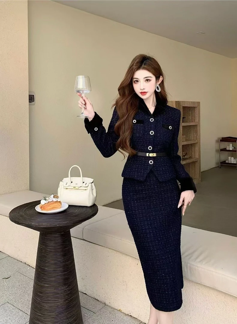 〖晨浠定制〗深圳南油气质显瘦轻奢鱼尾半裙小香套装8002