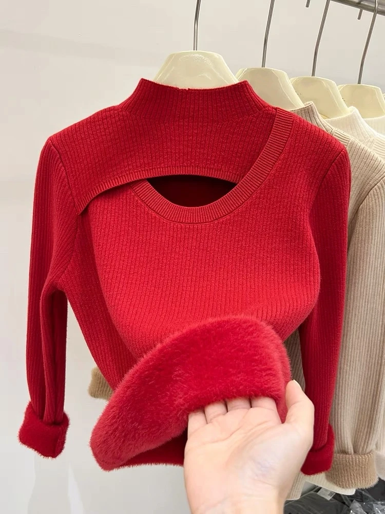 【晨浠定制】新款时尚百搭镂空加绒针织上衣红色7213