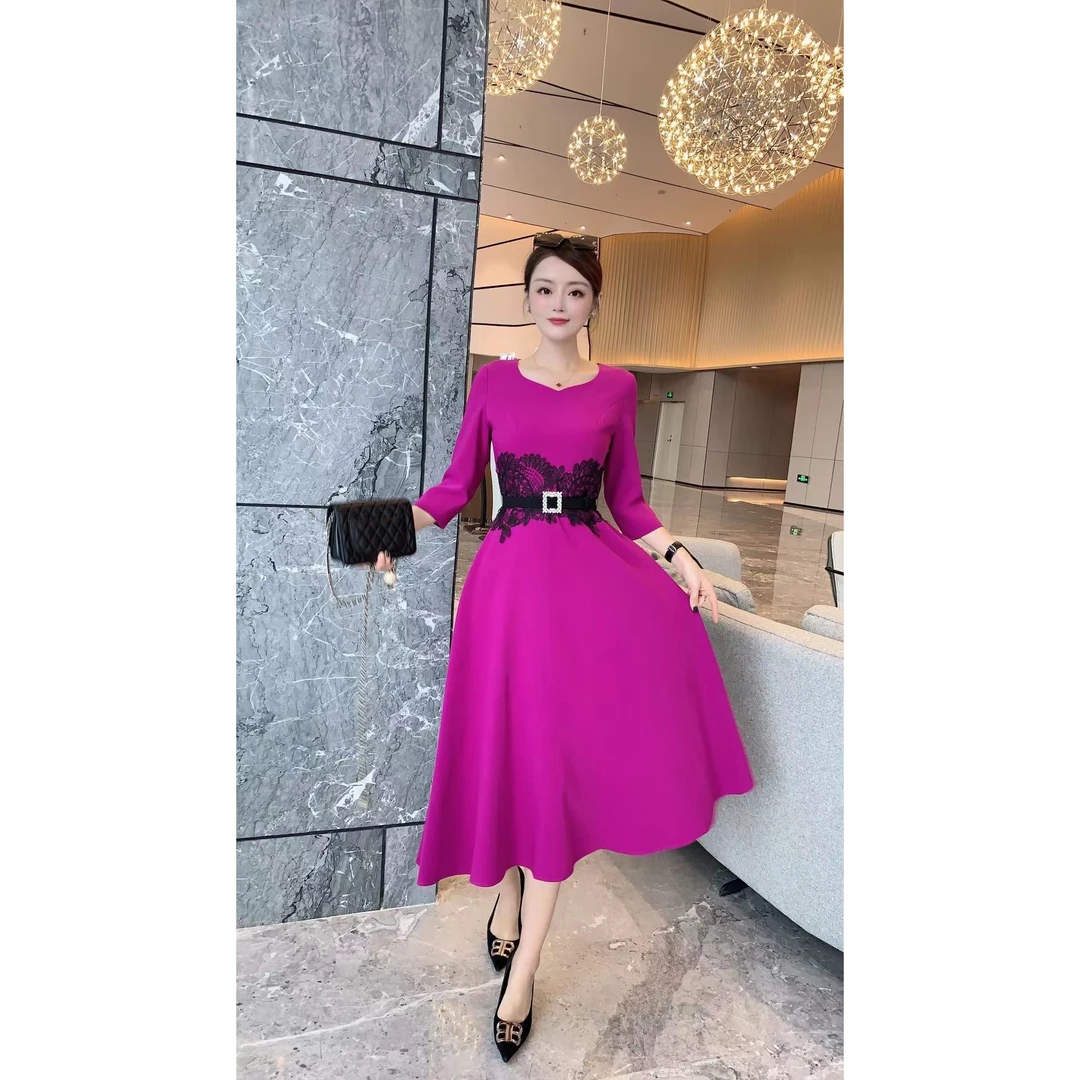 【晨浠定制】（不配腰带）新款时尚气质蕾丝拼接连衣裙6203