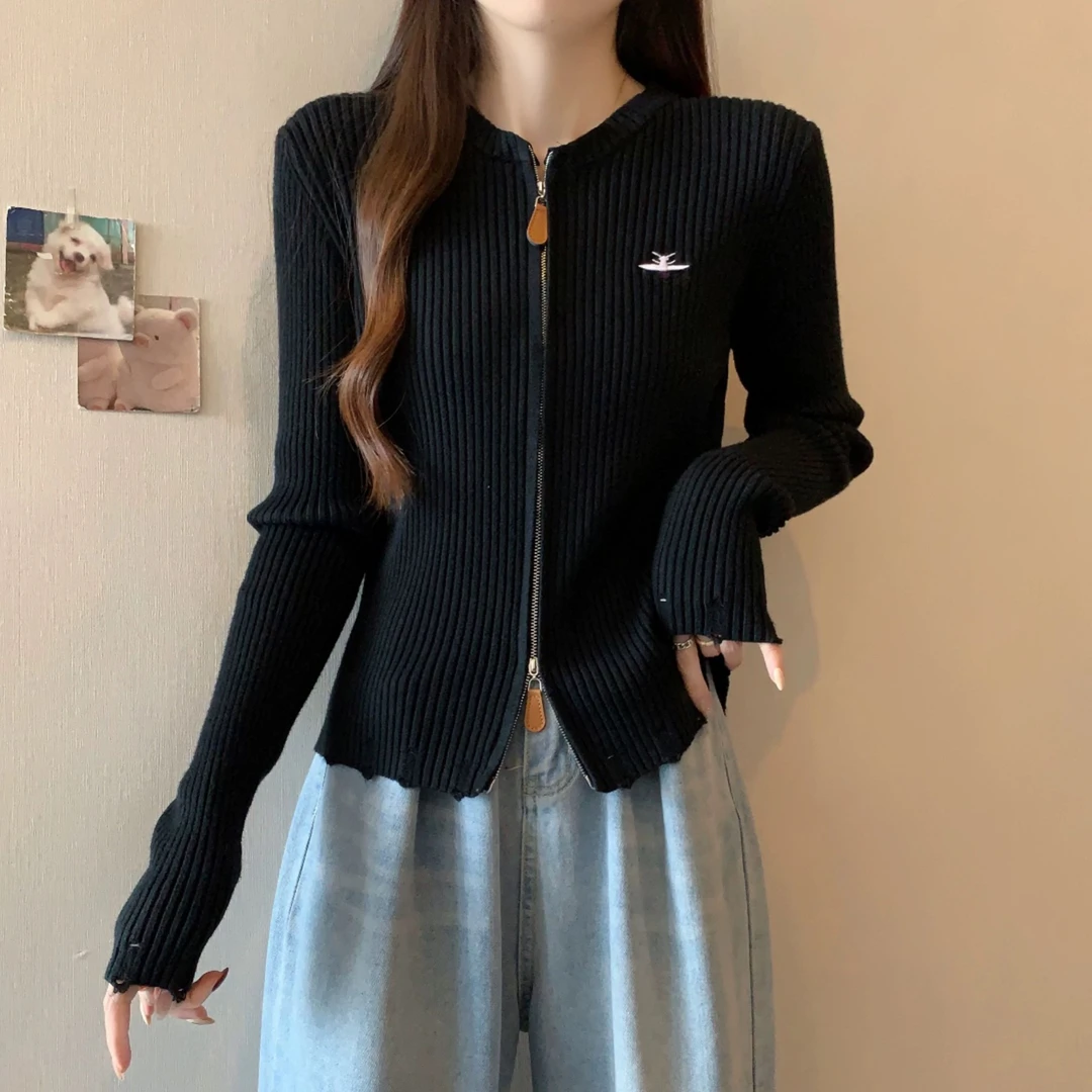 【晨浠定制】新款时尚百搭蜜蜂拉链针织开衫上衣两色6593