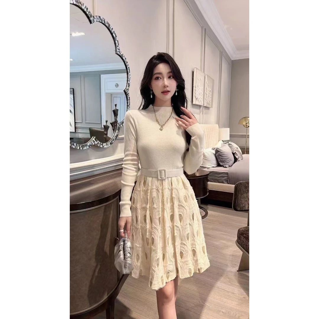 【晨浠定制】新款时尚气质针织亮片蕾丝拼接气质连衣裙3773