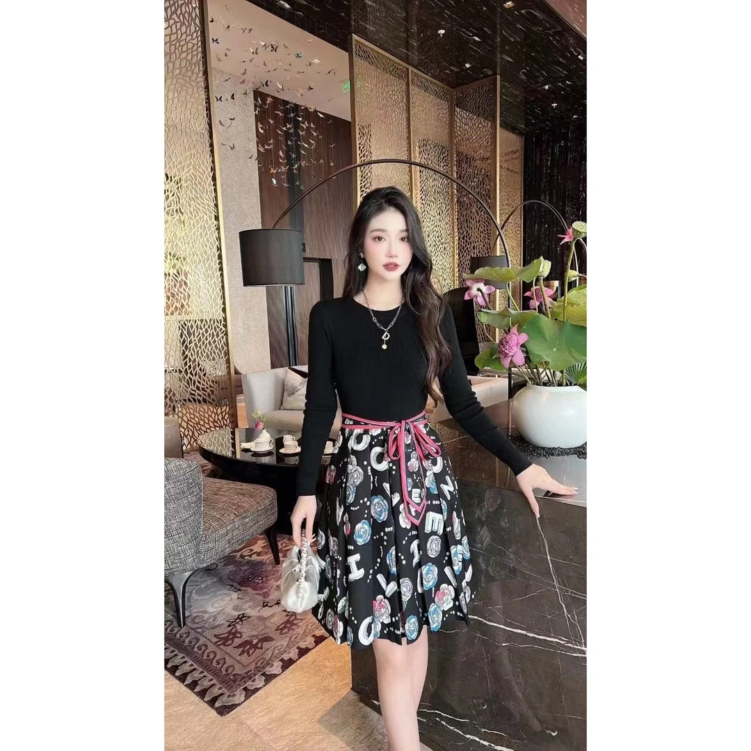 【晨浠定制】新款时尚气质针织字母印花连衣裙3780