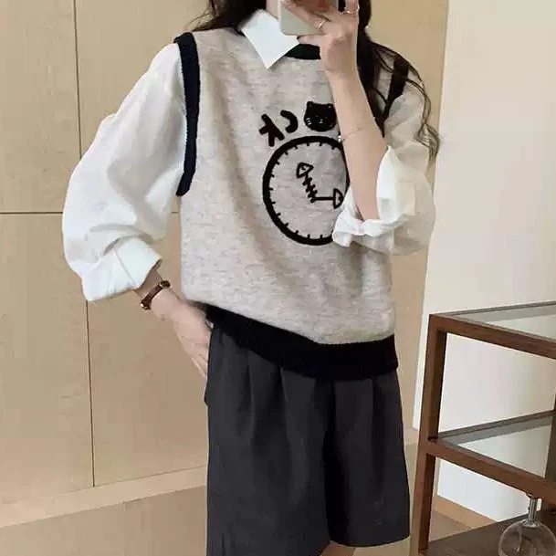 【晨浠定制】新款时尚百搭小猫字母马甲针织上衣（单马甲）8014