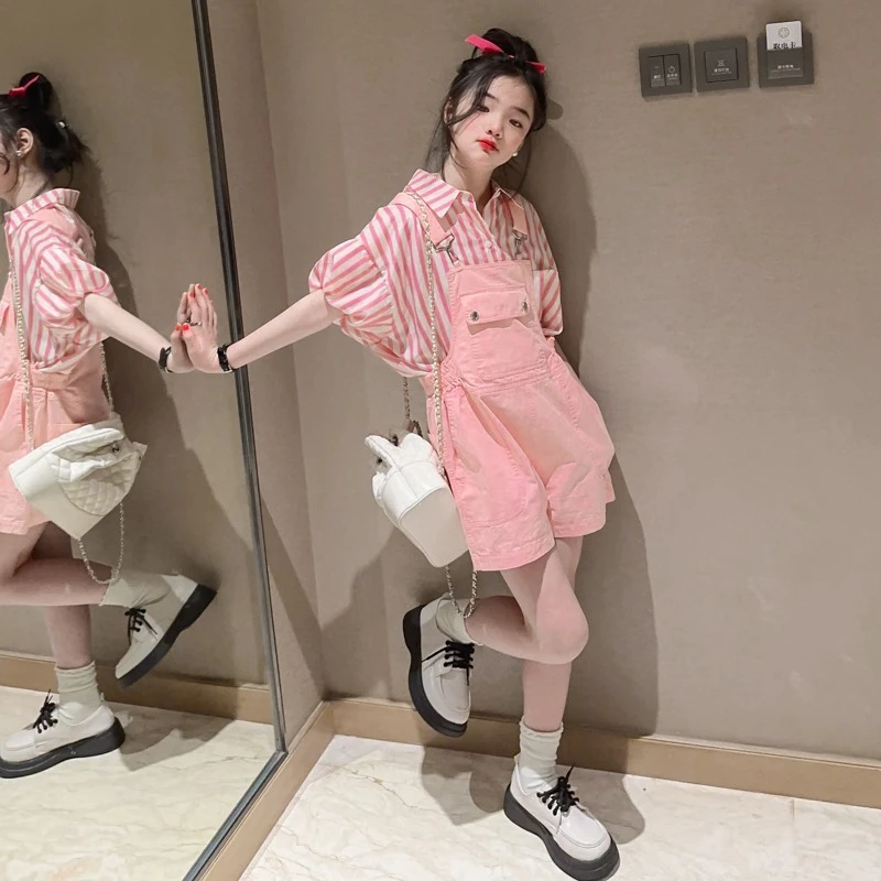 女童夏装套装2024新款时髦中大儿童背带裤短袖两件套夏季女孩洋气