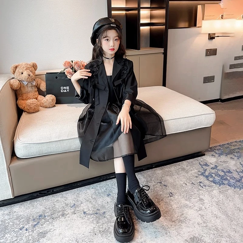 女童潮酷风套装秋装2024新款儿童网红炸街时髦西装外套裙子两件套