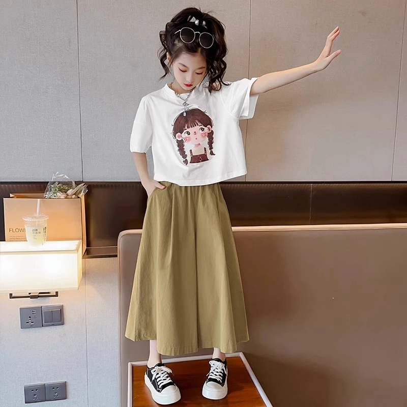 女童夏季阔腿裤套装新款时尚2025年中小学生夏天休闲裤裙两件衣服