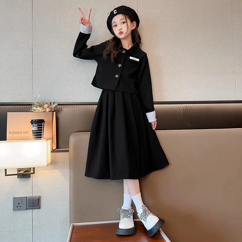 女童套装裙子春秋款洋气黑色儿童秋装西装外套半身裙两件套中大童