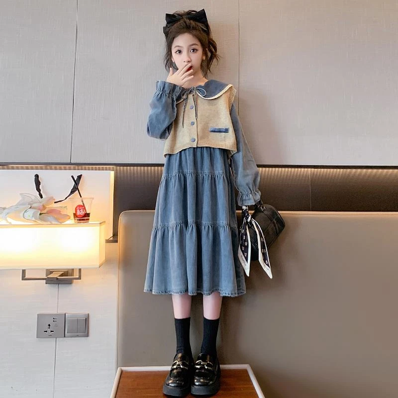 女童牛仔连衣裙春装2024新款时尚儿童网红长袖马甲裙子套装两件套