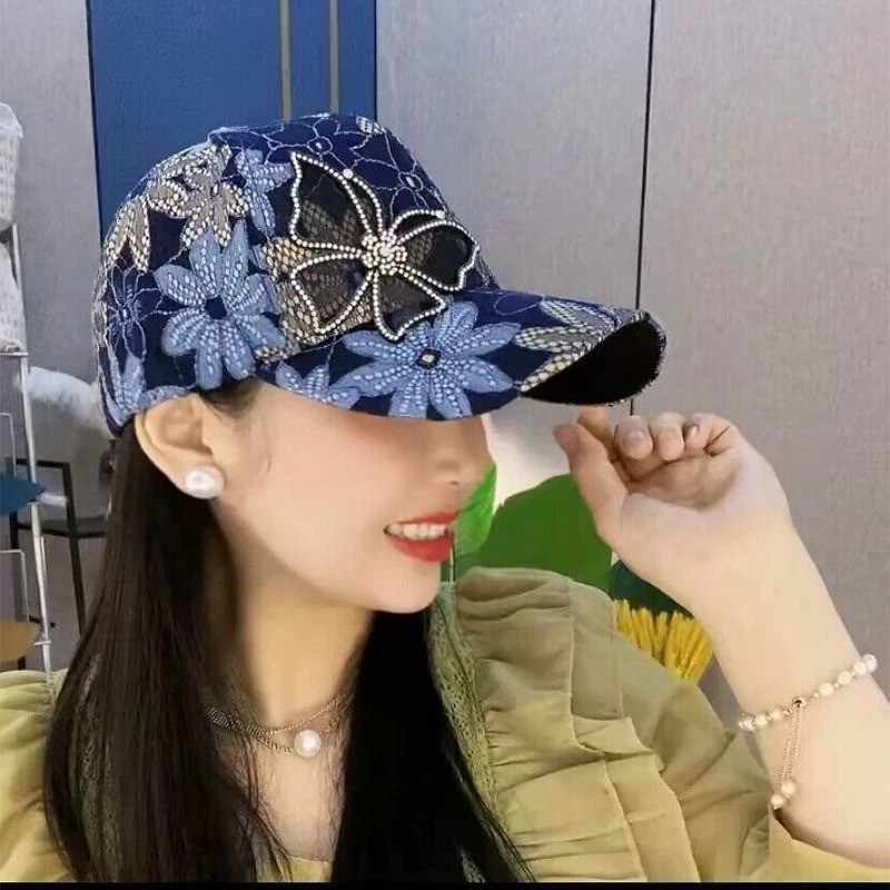 新款春夏帽子女洋气蕾丝蝴蝶鸭舌帽花朵优雅高档薄款棒球帽网帽女