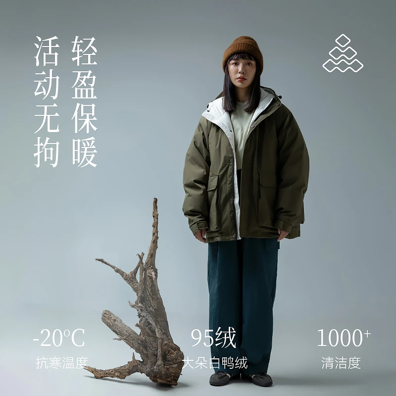 道木熙山系户外运动羽绒服女2024情侣款连帽工装加绒加厚派克服
