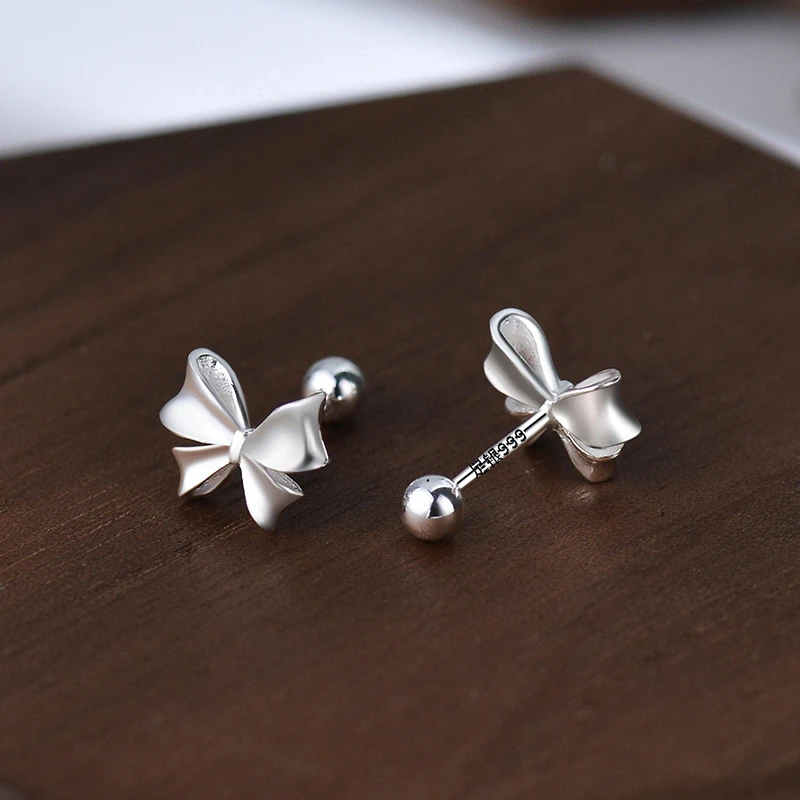 足银耳饰 S999足银蝴蝶结螺丝耳钉女小众设计耳环养耳洗睡耳骨钉
