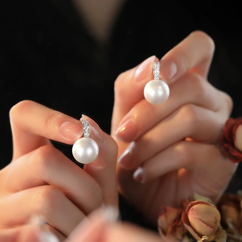 925银耳饰 S925足银精致洋气白色珠珠耳环日韩风锆石耳扣百搭小众