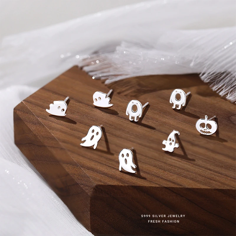 足银陶瓷耳饰 S999足银幽灵耳钉女小众卡通趣味耳环2024年耳饰