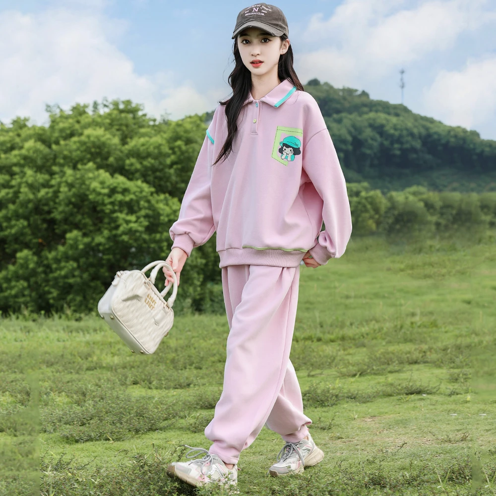 【现货】女童秋冬Polo领卫衣卫裤套装运动洋气新款大童儿童两件套