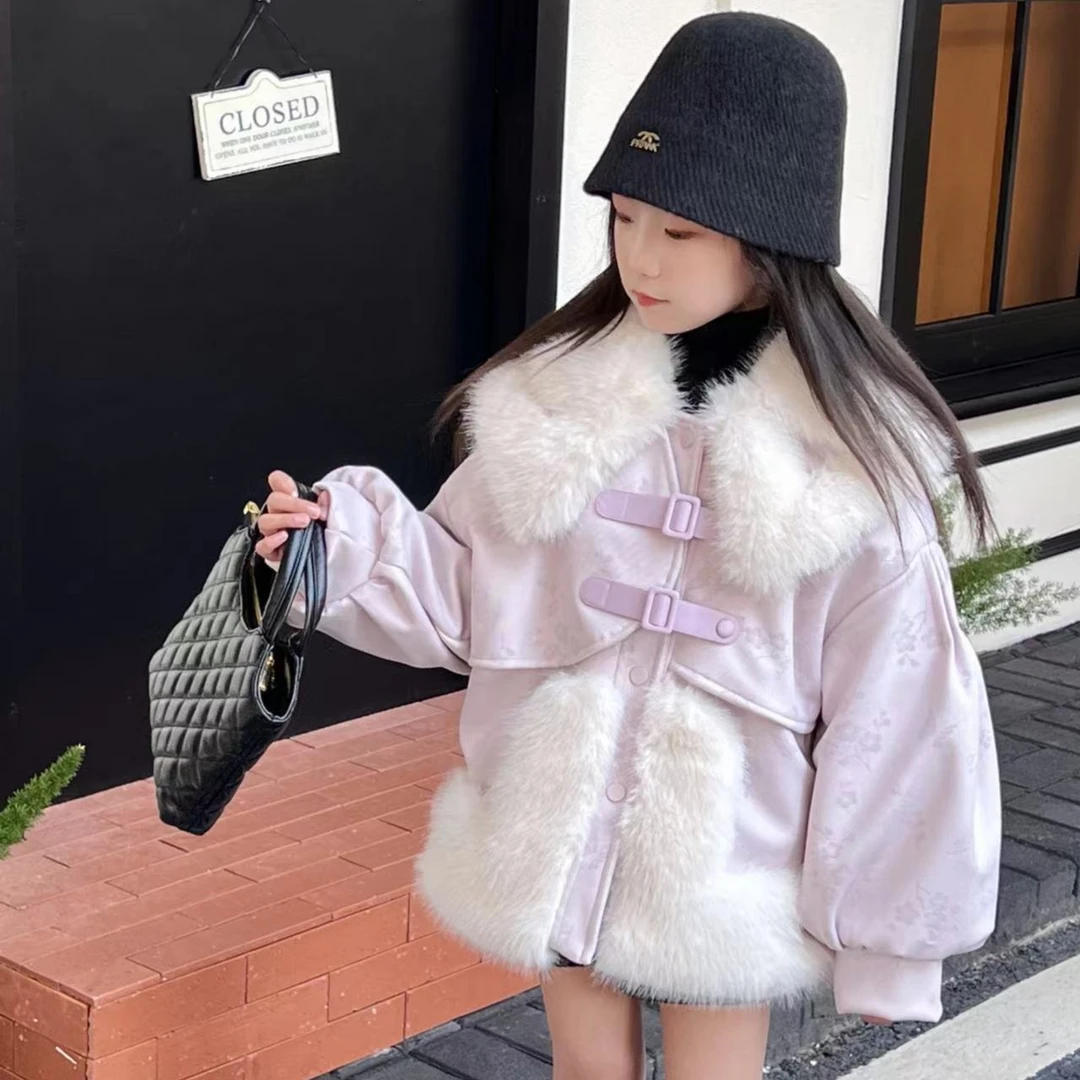 7676-年款提花皮毛一体外套女童洋气加厚