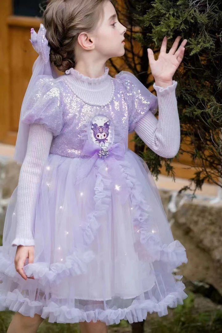 9996-库洛米美乐蒂珍珠亮片花边长袖公主裙洋气宝宝女（有头纱）