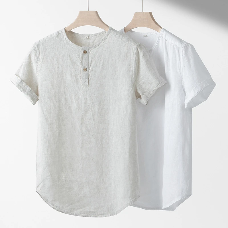 亚麻短袖T恤男士套头夏季圆领中国风立领棉麻布体恤衫白色薄衬衣
