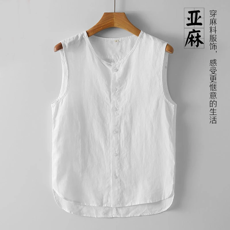 100%纯亚麻背心夏季中国风男士马甲居家中式无袖坎肩大码宽松汗衫