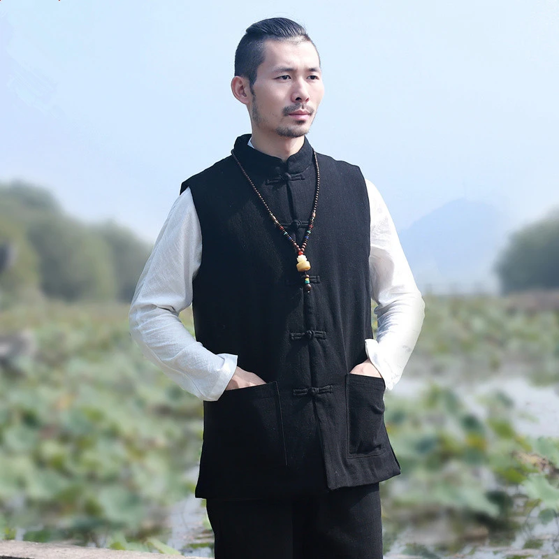 冬季中国风男装唐装棉马甲背心加厚苎麻盘扣外套中式坎肩居士茶服