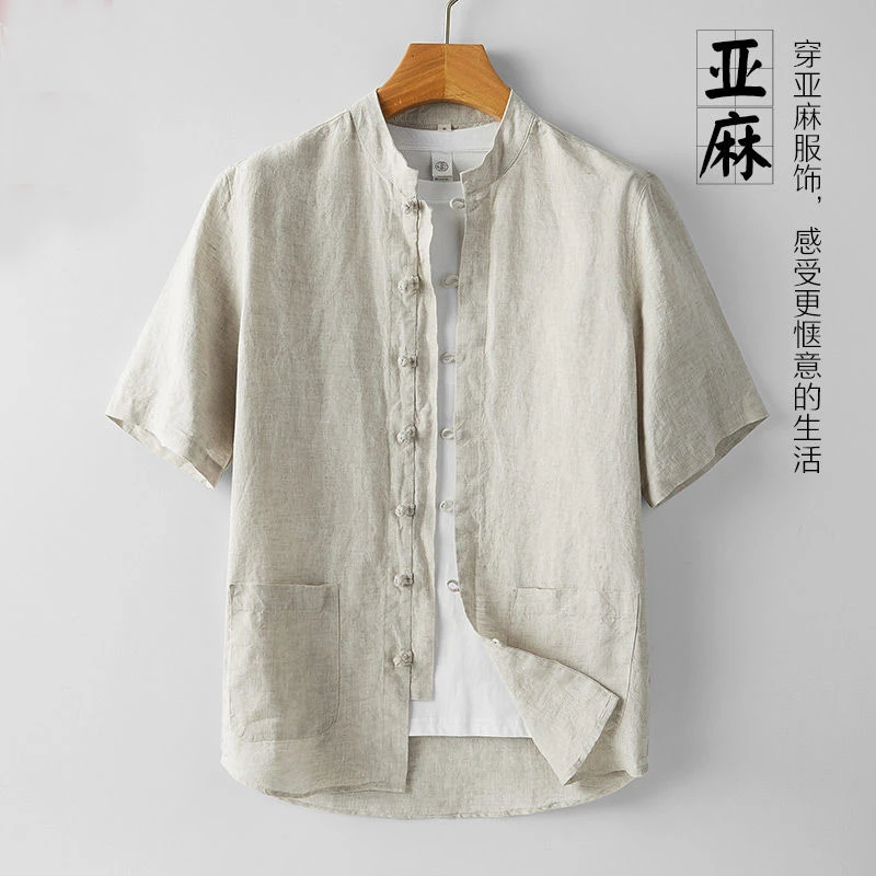 100%纯亚麻短袖衬衫男夏季薄款复古中式盘扣衬衣立领麻料唐装上衣
