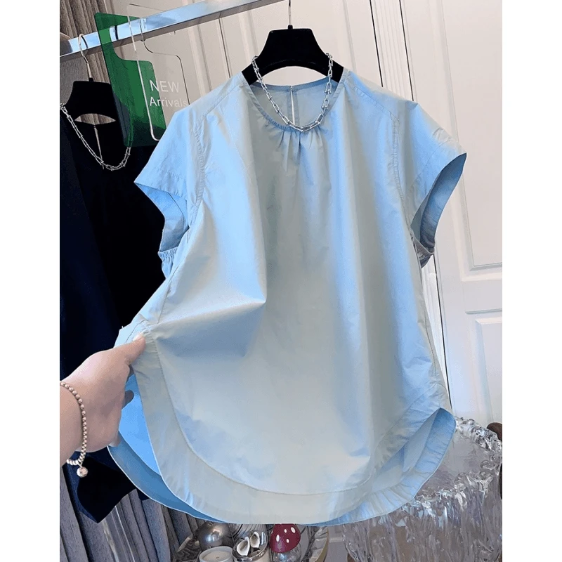 高级感法式圆领小众衬衫上衣女新款设计感纯色好看遮肚衬衣舒适夏