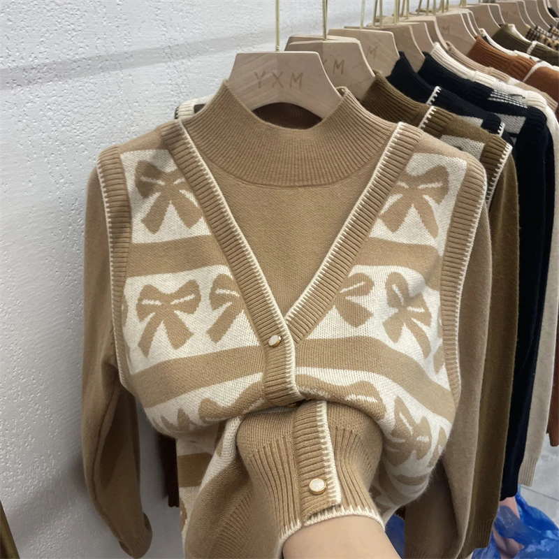 胖妹妹内搭针织衫女秋冬2023年新款毛衣打底衫假两件拼接大码上衣