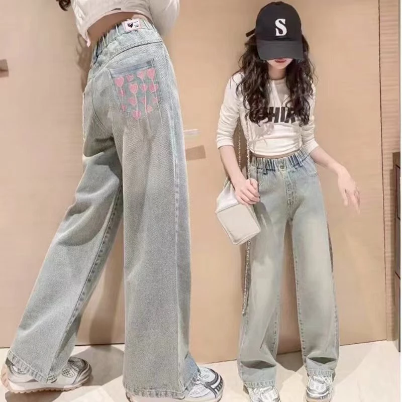 女童春季新款2024年宽松休闲中大童直筒牛仔裤韩版时尚洋气百搭