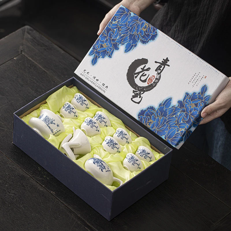 陶瓷功夫茶具套装整套家用盖碗茶杯白瓷简约泡茶器青花瓷礼品定制