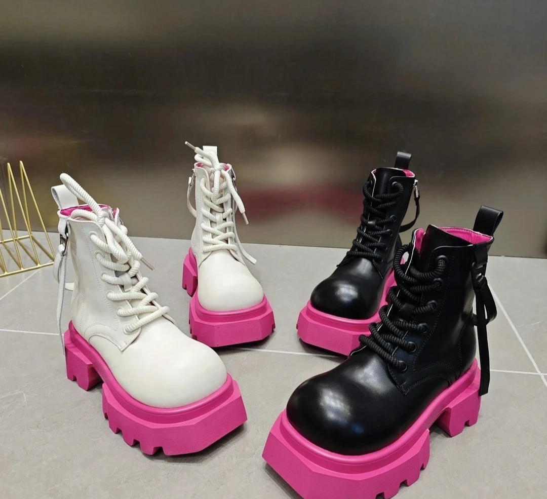 1105-25欧货异形松糕厚底圆头系带加绒时尚潮流马丁靴