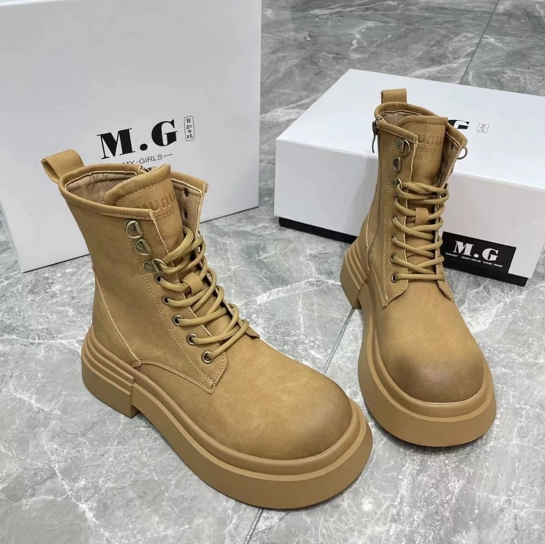 5633-01新品2024热卖超轻底芒果头白搭厚底真皮系带休闲马丁靴