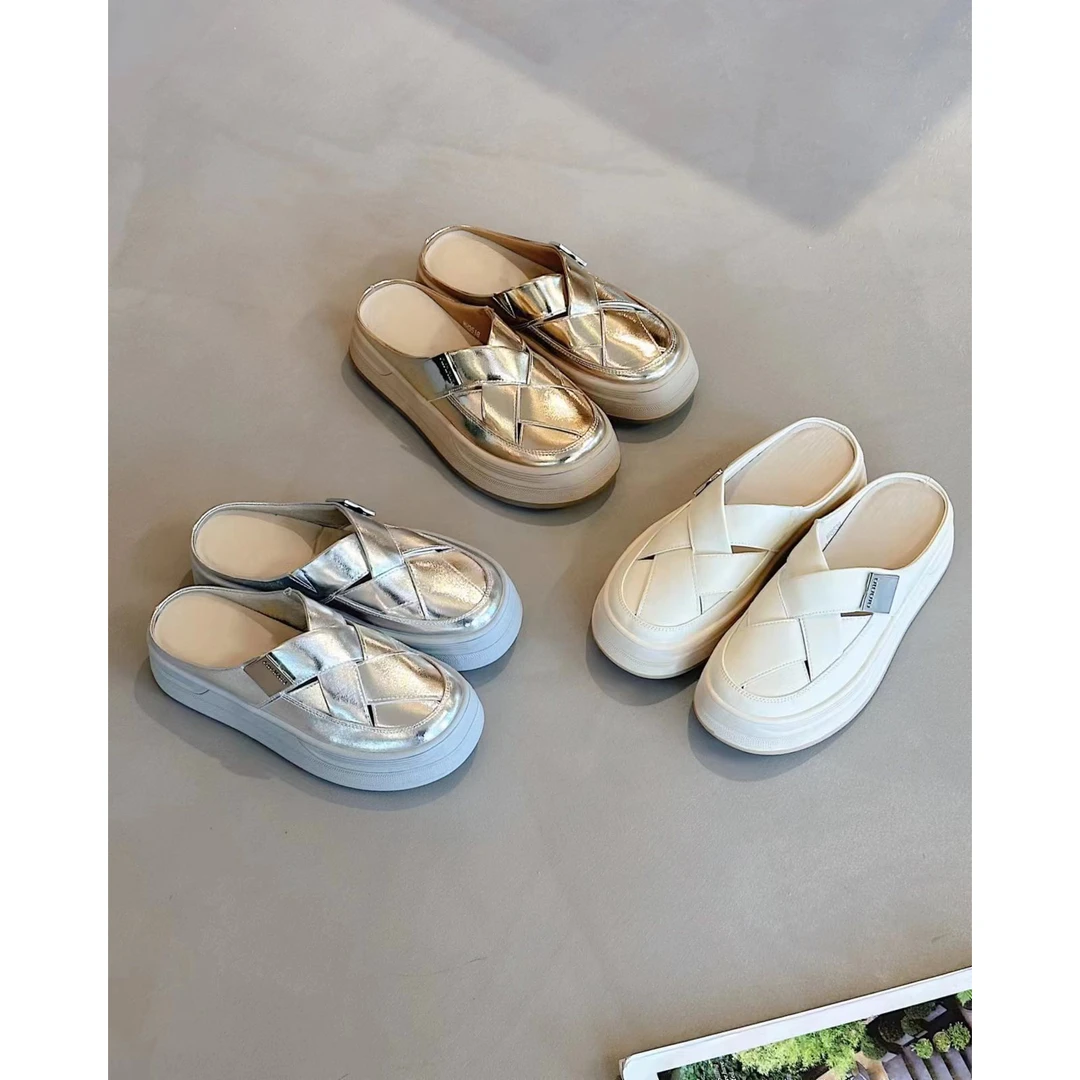 厚底增高半拖鞋女小白夏季外穿2024新款镂空一脚蹬罗马包头凉拖鞋