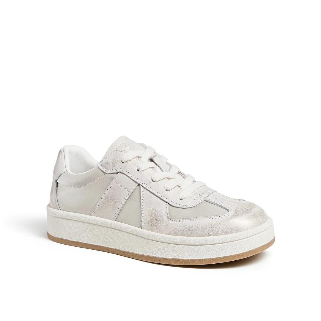 2024秋季百搭韩版系带擦色真皮金属细闪德训小白鞋平底板鞋1580-6