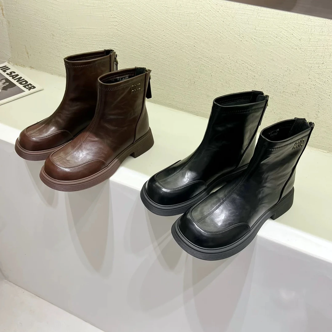 厚底百搭方头加绒靴女2024新款秋冬靴英伦风短靴爆款马丁靴2198-1