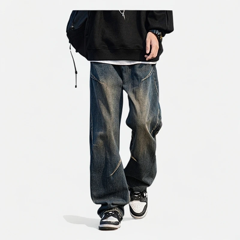 黑色褶皱牛仔裤男春秋美式复古vibe潮流裤子设计感宽松直筒休闲裤