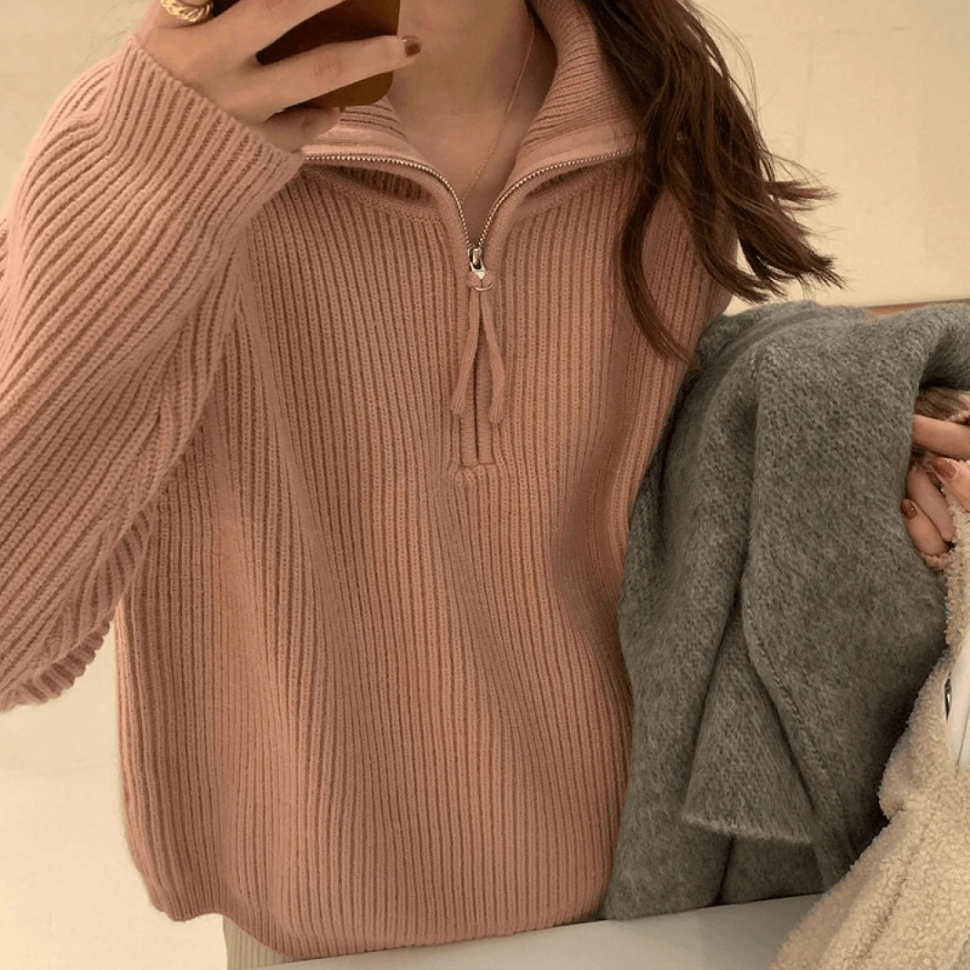 设计感半拉链翻领坑条毛衣女韩系内搭叠穿套头针织衫纯色显瘦上衣