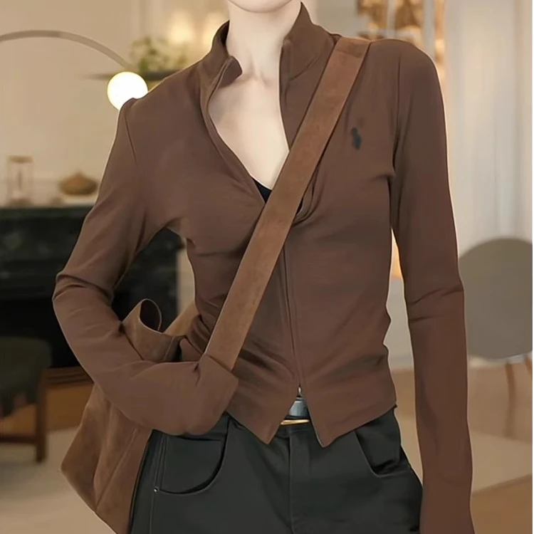 立领开衫长袖t恤女2024秋季新款时尚洋气刺绣百搭显瘦纯色打底衫