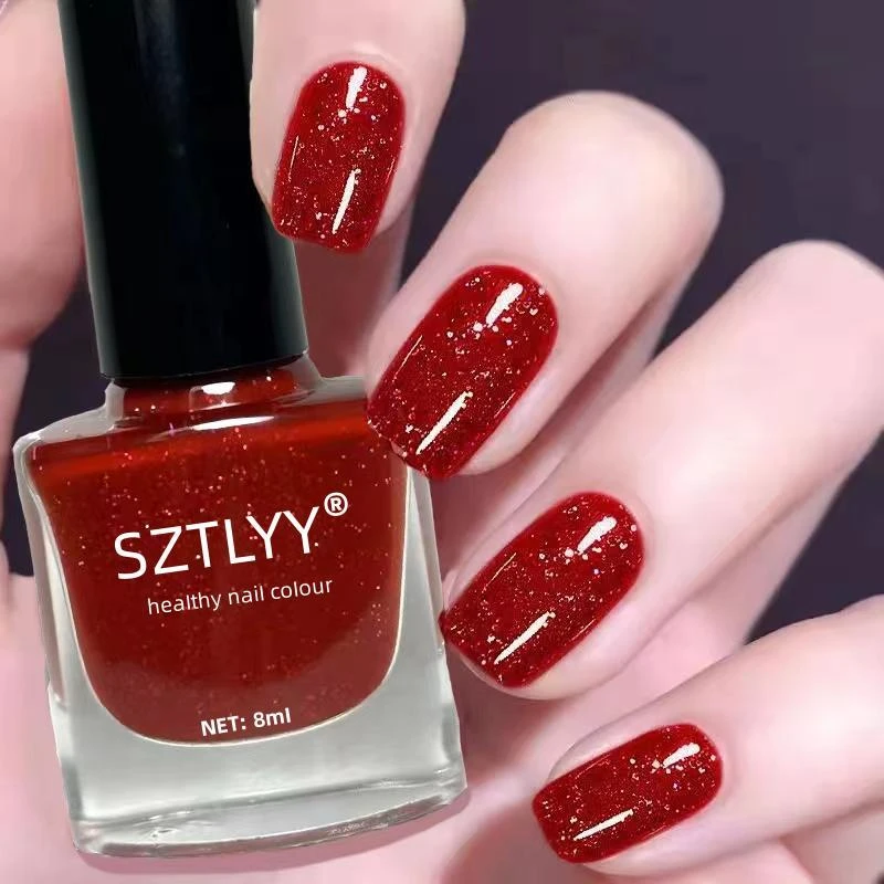 显白指甲油套装持久持久不掉色免烤快干闪耀红色亮晶晶不可剥无毒