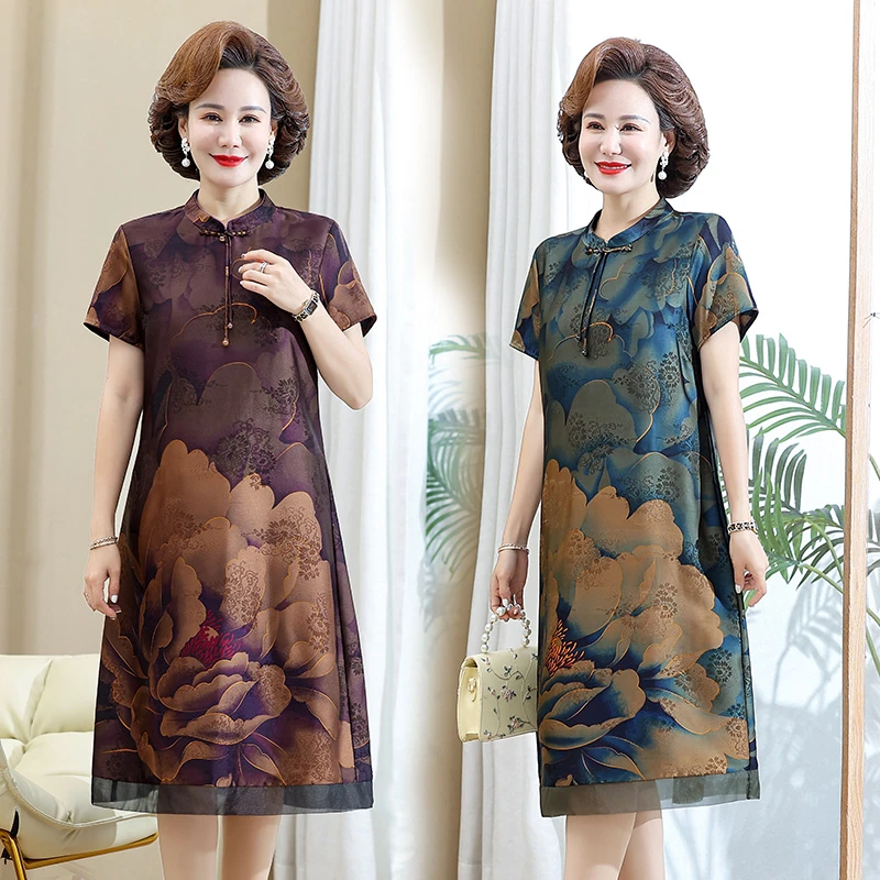 连衣裙旗袍夏季国风国风中年长款大码洋气时尚复古宽松印花民族风
