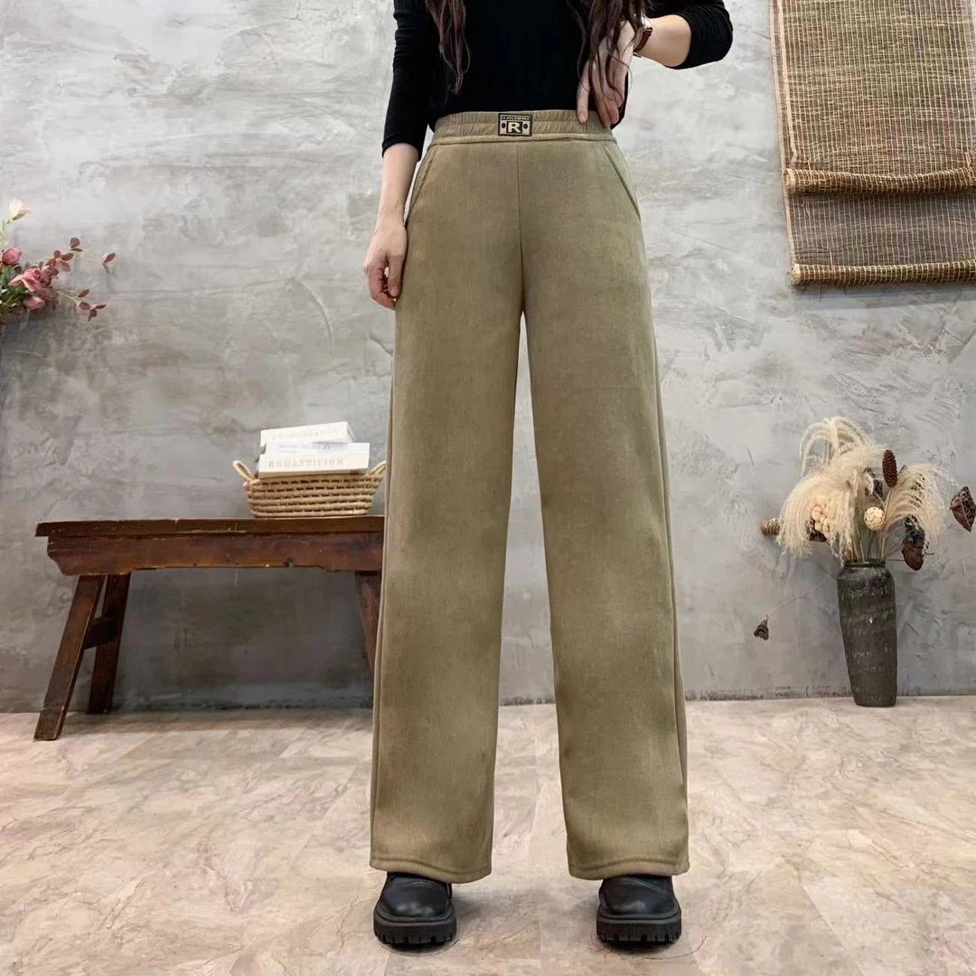 妈妈雪尼尔加绒加厚裤子女高腰宽松大码阔腿裤休闲直筒女裤
